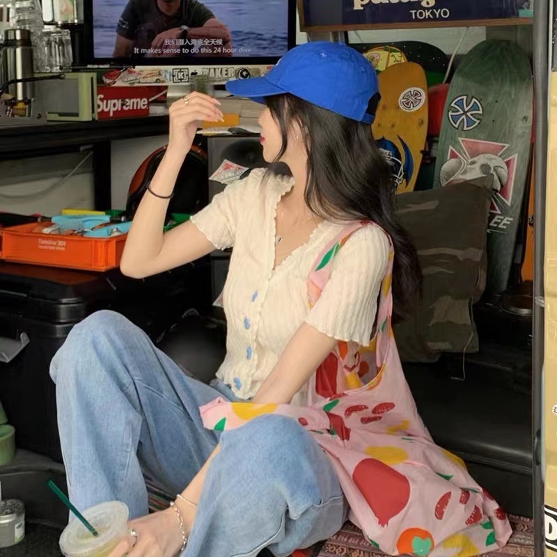 [Hana And Alice] Áo Cardigan Dệt Kim Tay Ngắn Cài Nút Họa Tiết Hoa Nấm Xếp Ly