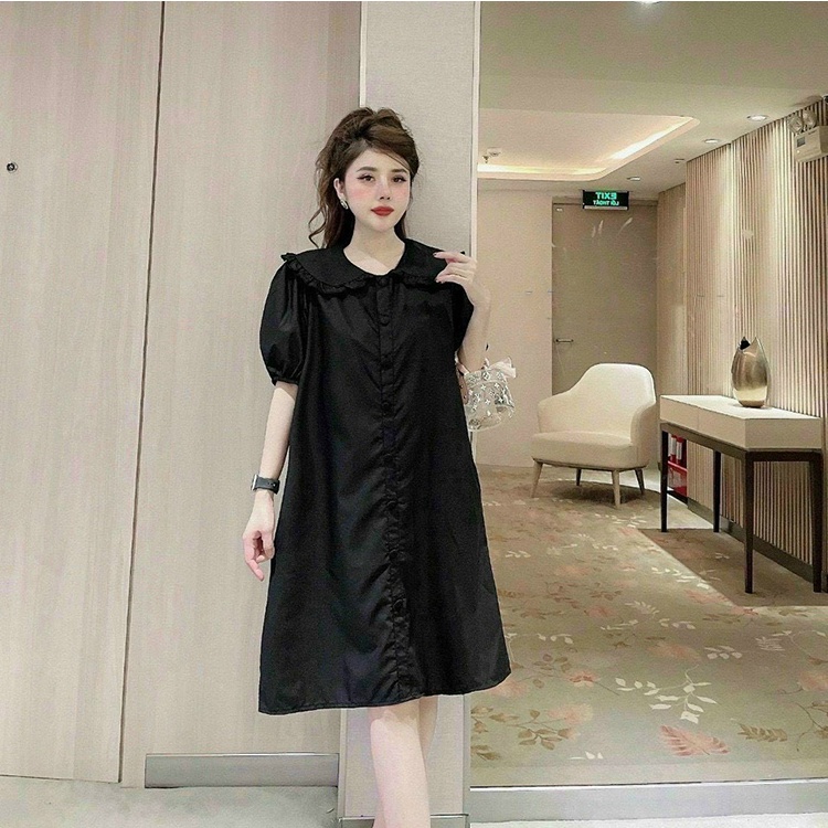 Đầm dài công sở cổ bèo váy ngắn tay dáng suông chất đũi lụa | BigBuy360 - bigbuy360.vn