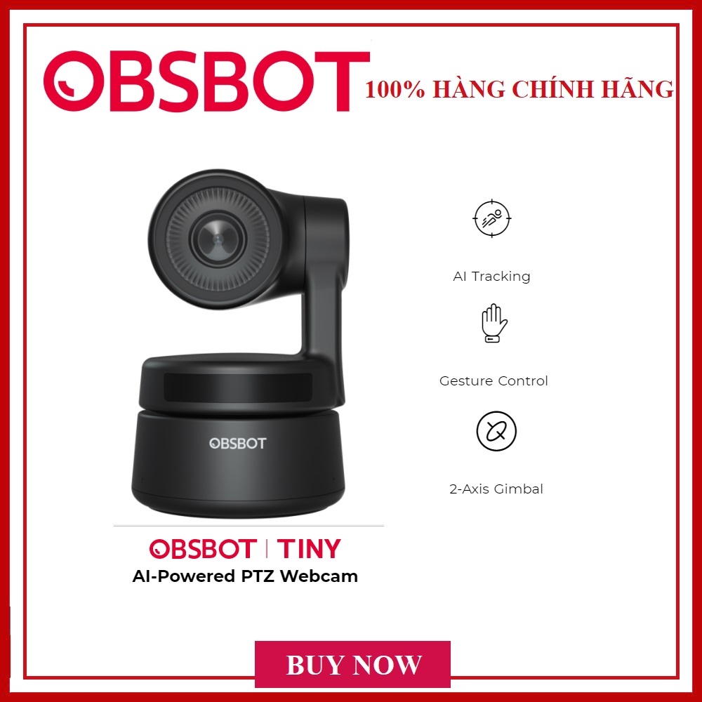 OBSBOT TINY AL-POWERED PTZ WEBCAM - HÀNG CHÍNH HÃNG - Webcam hỗ trợ Theo dõi AI + Kiểm soát cử chỉ + Gimbal 2 trục