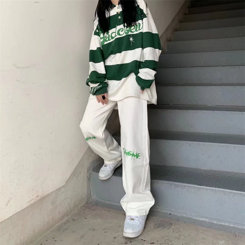 Quần Jeans Ống Rộng In Chữ Phong Cách hip hop Cho Nam
