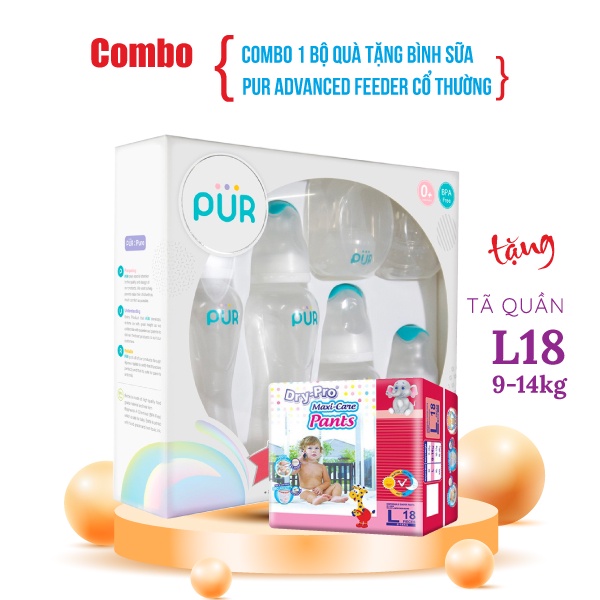 Bộ quà tặng Bình sữa Pur Advanced Feeder cổ thường  60ml, 125ml, 250ml + Tặng 1 gói tã bỉm cho bé