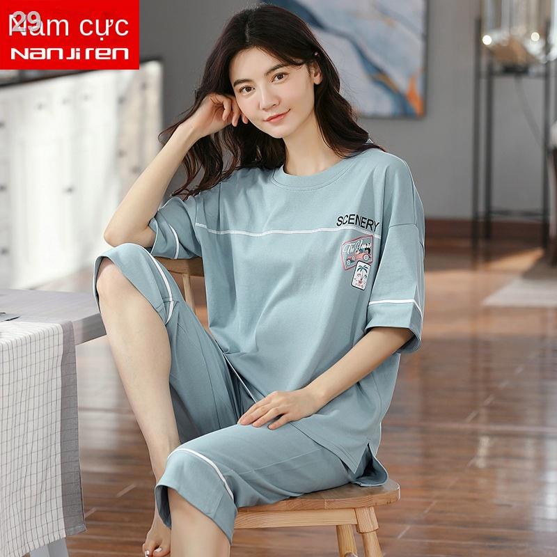 ♠Nam Cực đồ ngủ cotton phụ nữ mùa hè ngắn tay cắt quần dài hai mảnh dịch vụ mặc nhà cho người trung niên và thanh mỏng c