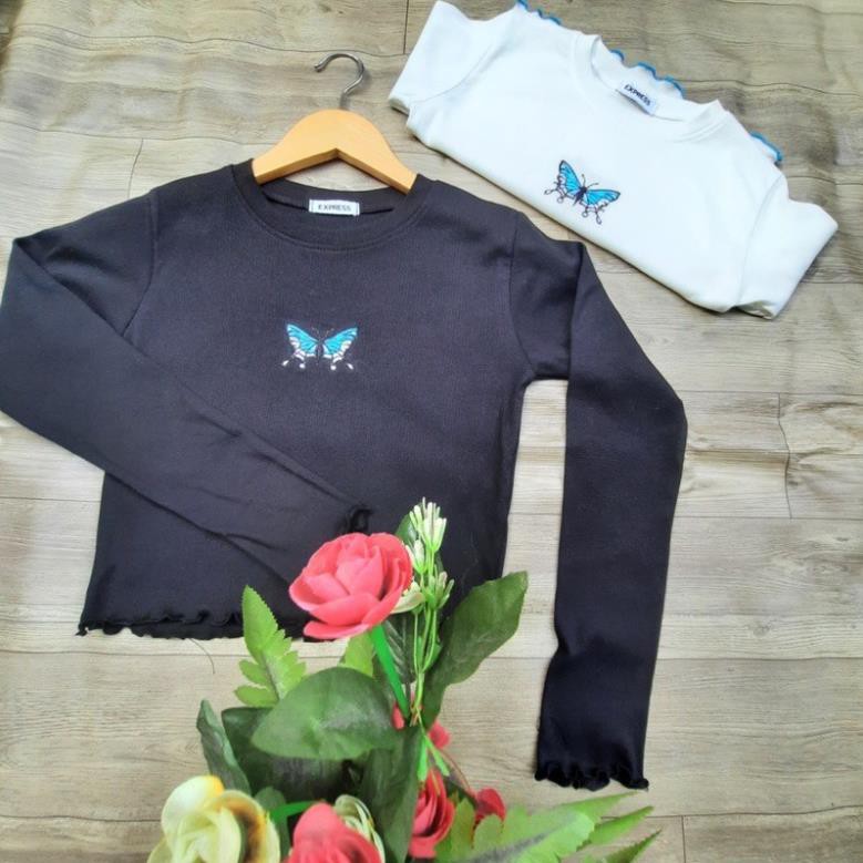 Áo Croptop Trắng Thun Tay Dài Cổ Trắng In Cánh Bướm Trắng Đen SHTACR06 Mys hitshop | BigBuy360 - bigbuy360.vn