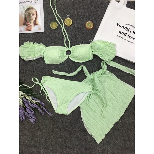 [ CHẤT THUN XỐP+ HÀNG CAO CẤP] Đồ bơi nữ, bikini 3 món phối khoen trễ vai dễ thương