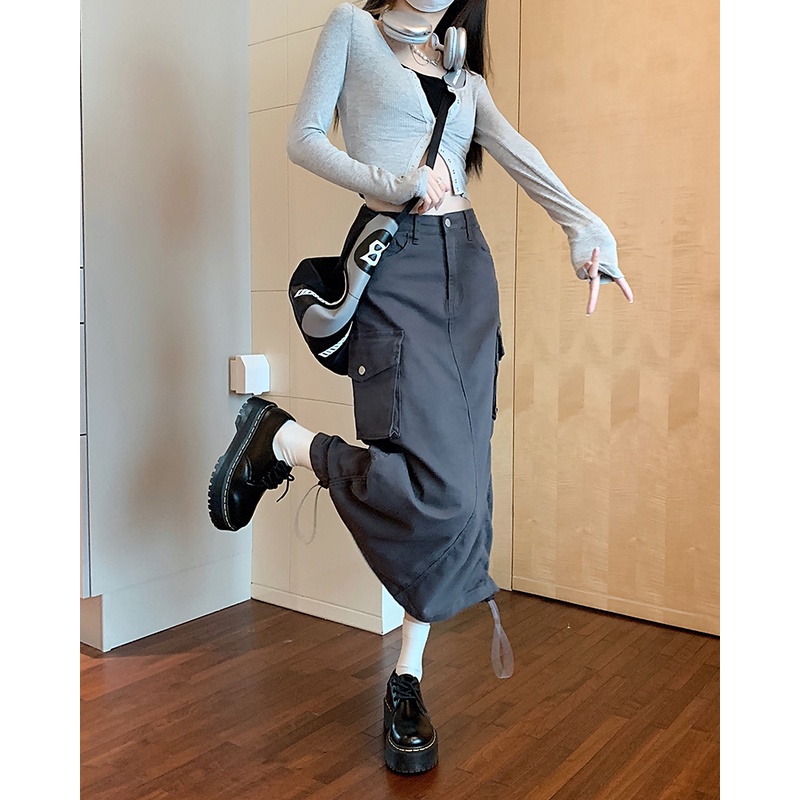 Xiaozhainv Chân Váy Chữ A Lưng Cao Phối Dây Rút Phong Cách Vintage