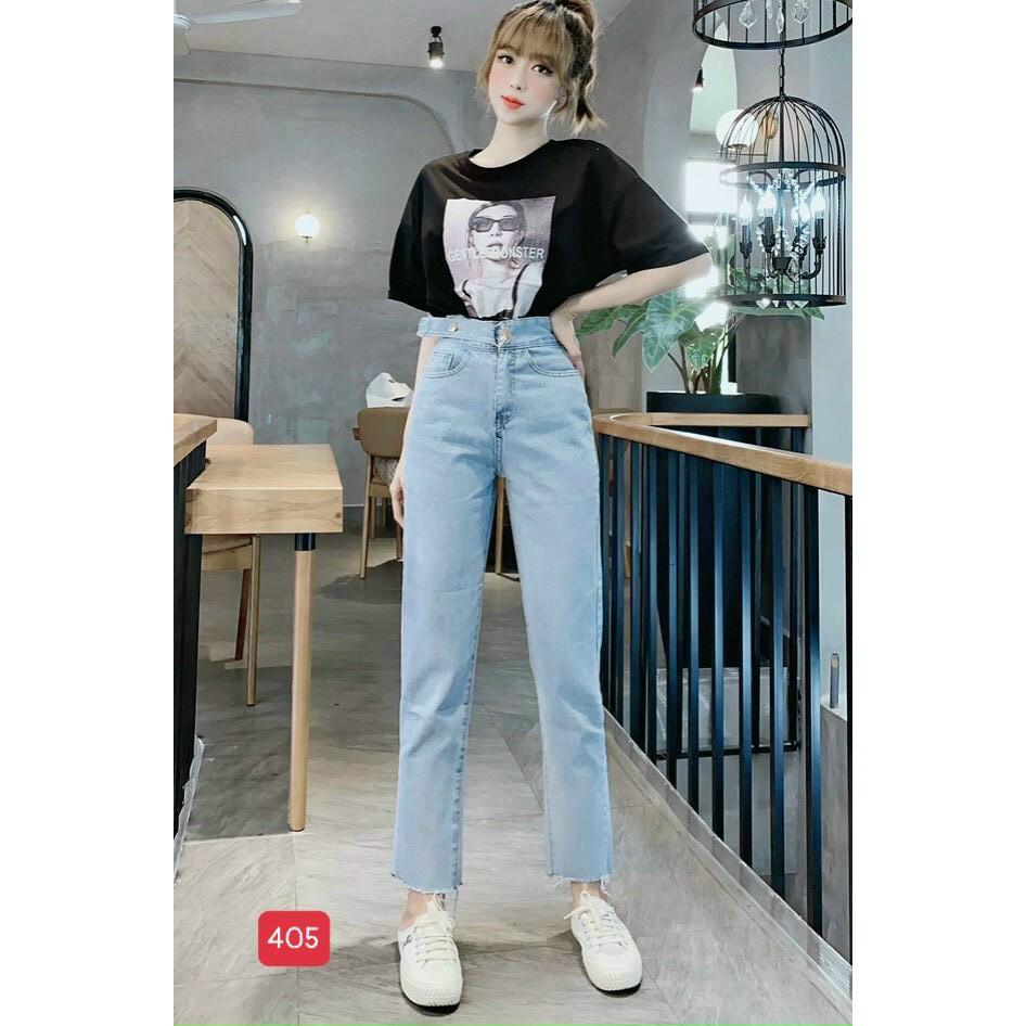 Quần baggy jean nữ ❤️FREESHIP❤️ Quần jeans nữ baggy phối lưng kiểu dáng trơn cạp cao lai tua A-T Fashion - BG405