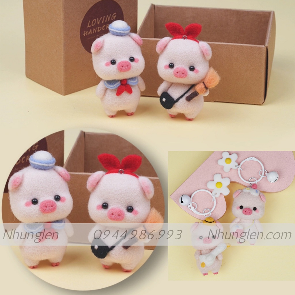 Bộ kit len chọc Gia Đình Heo Dễ Thương làm quà DIY, móc khoá từ handmade, có hướng dẫn - Needle felting Pig Familyđồ