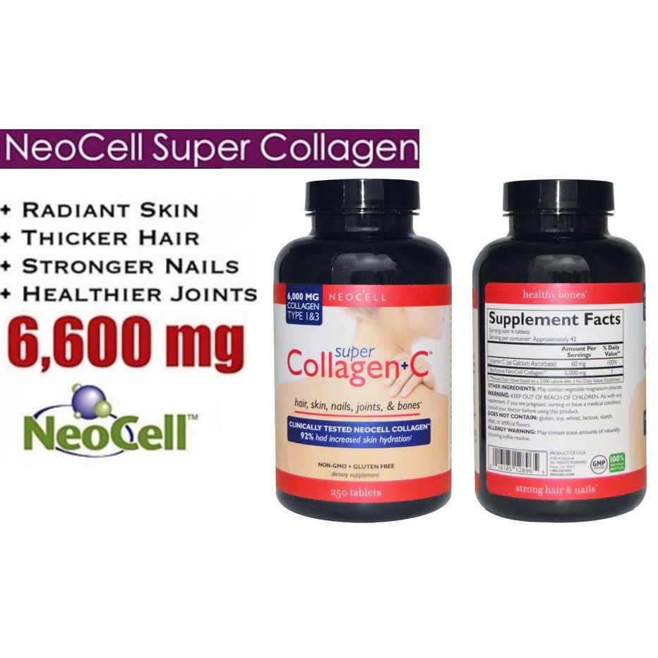 Super Collagen + C 6000mg collagen type 1&3, 250 viên chống lão hóa, giảm thiểu nếp nhăn