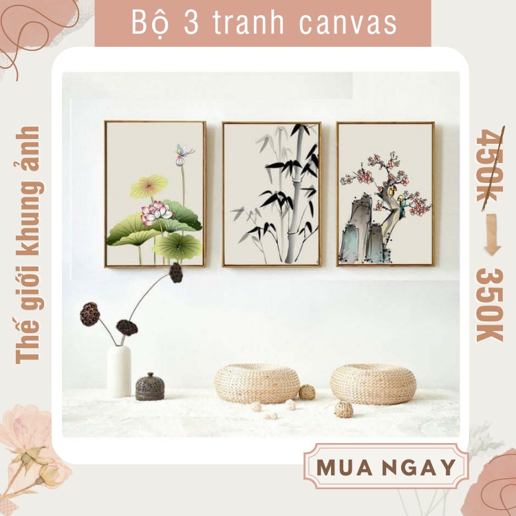 Bộ 3 tranh canvas hoa sen trúc nghệ thuật tặng kèm đinh treo tường