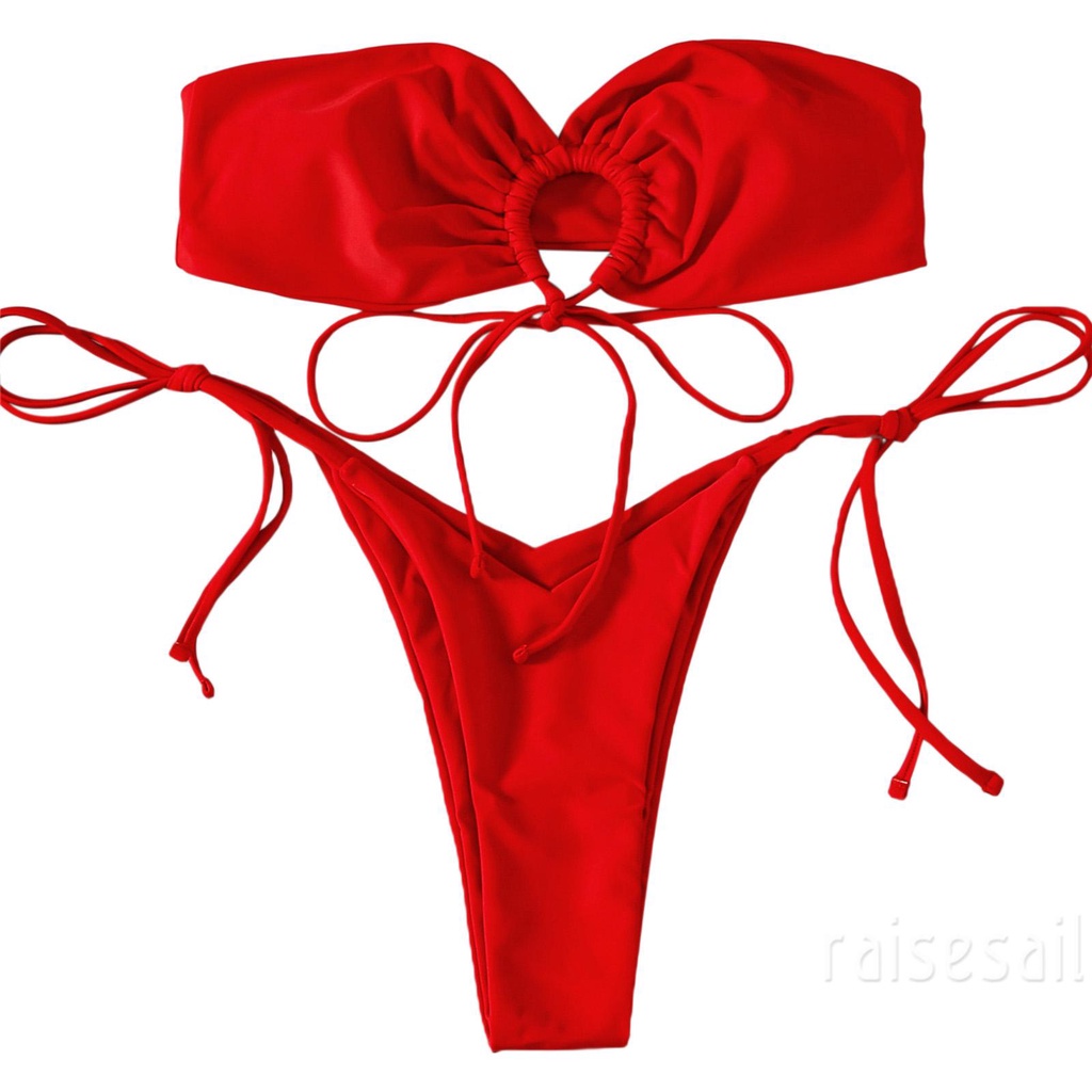 Rs Bộ Bikini 2 Mảnh Không Dây Màu Trơn Phối Dây Rút + Quần Lót Thời Trang Mùa Hè Cho Nữ