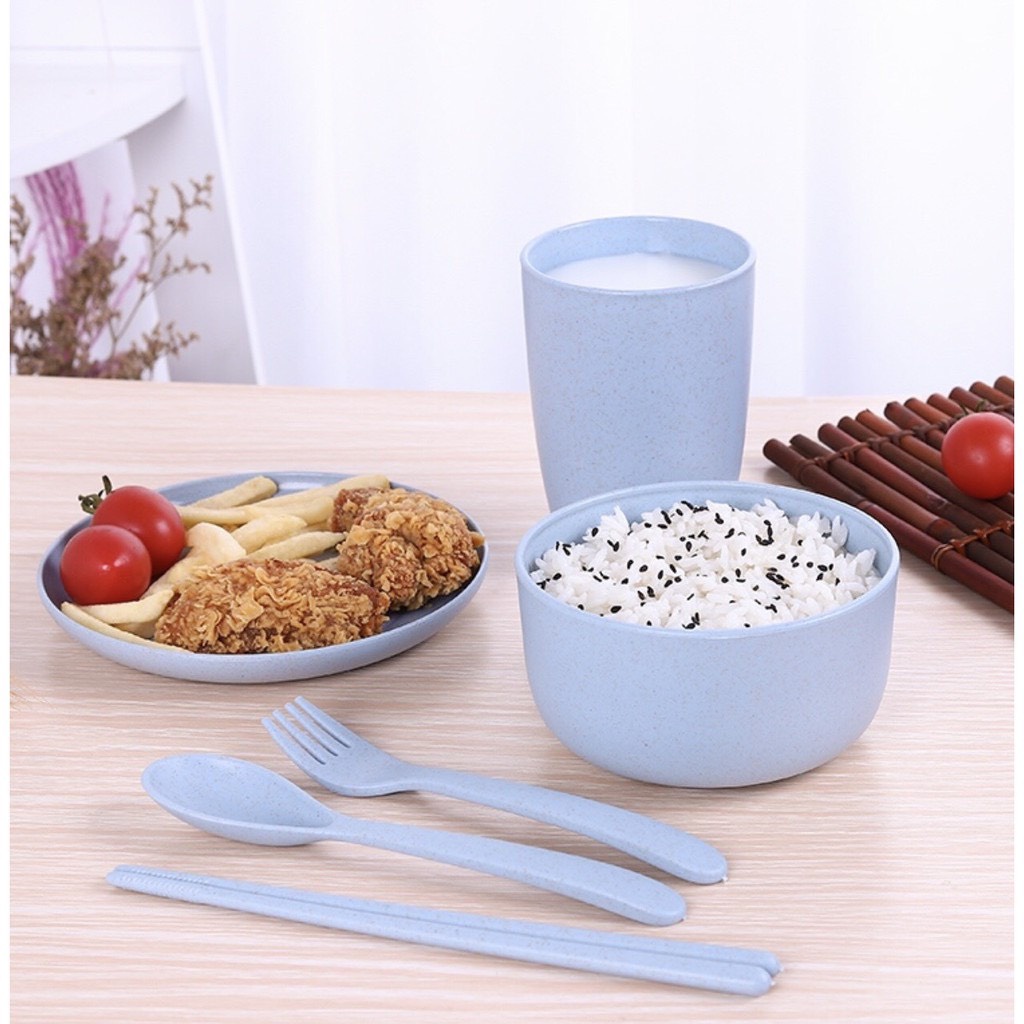 Bộ Tô  Chén Muỗng Đĩa Nĩa Đũa Dĩa Ly Bằng Lúa Mạch Màu Pastel - Combo 6 Món - HÀNG CÓ SẴN
