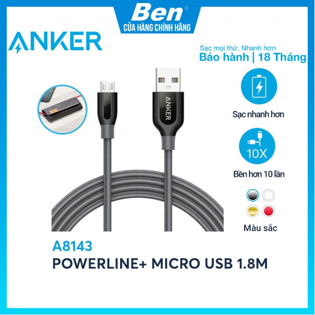 [Có bao da] Cáp sạc ANKER PowerLine+ Micro USB dài 1.8m - A8143