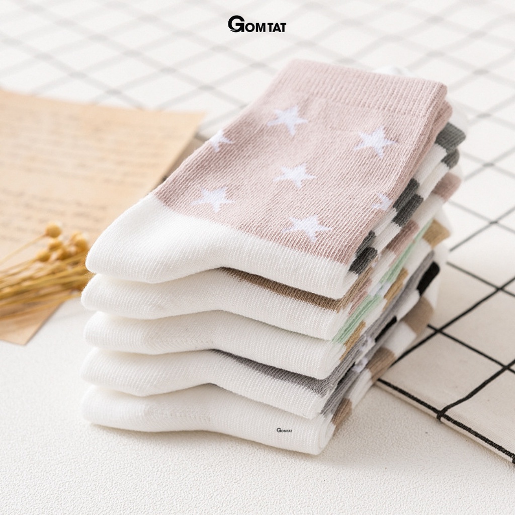 [Set 5 đôi] tất nữ cổ cao phong cách Hàn Quốc họa tiết ngôi sao, vớ nữ cao cổ combo 5 đôi sử dụng cả tuần - CBCC20