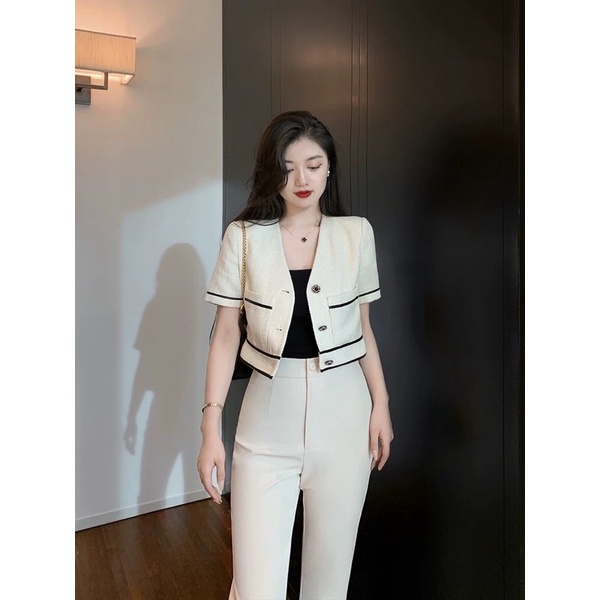 Áo tweed croptop ngắn tay cổ V - Tweed cộc tay tiểu thư