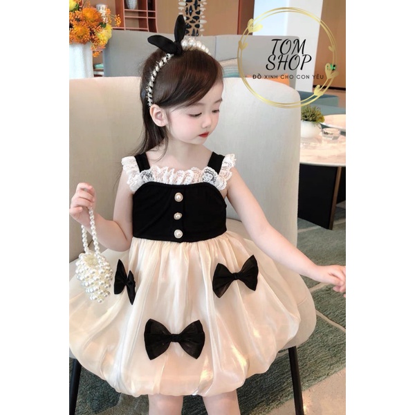 Váy đầm công chúa đính nơ dáng xoè bồng phối ren tiểu thư màu trắng cho bé gái