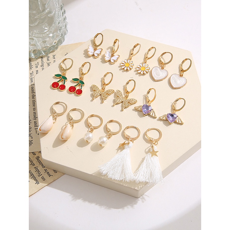 Set 9 Đôi Bông Tai Bằng Hợp Kim Dát Đá Hình Bướm / Trái Tim / Cherry / Ngọc Trai YR