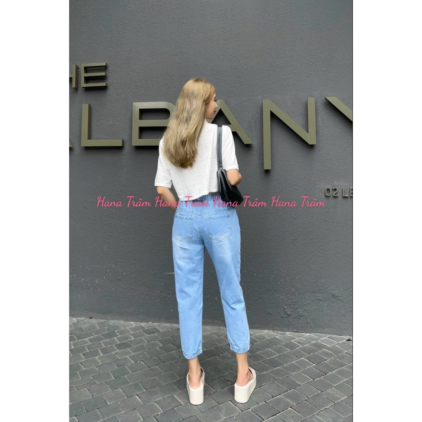 Quần baggy jean nữ lưng thun mẫu cào xước lai bo chun