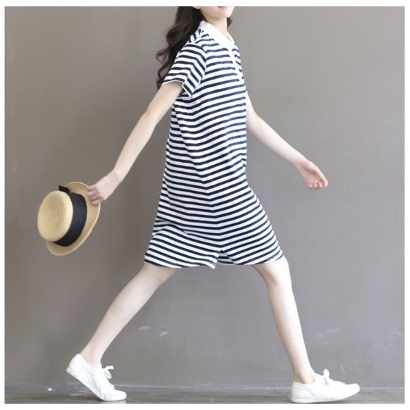 Đầm polo nữ ngắn tay dáng maxi dài, Váy nữ dáng xòe ngắn thiết kế kẻ ngang cổ bẻ ngắn tay trẻ trung vintage đẹp rẻ
