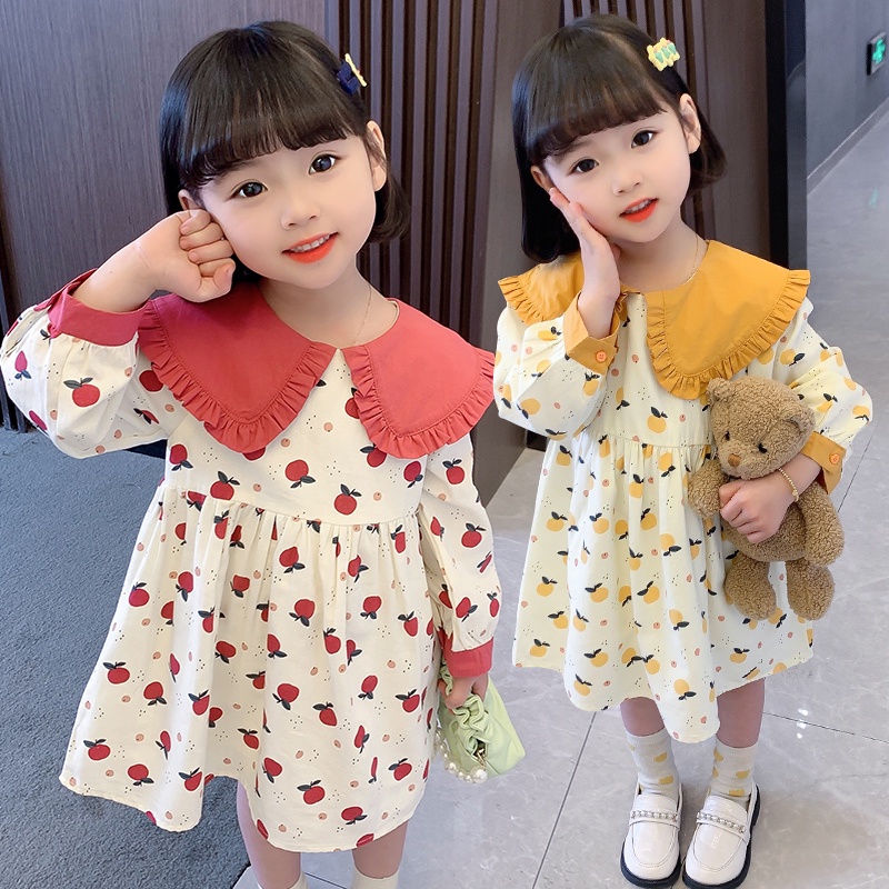 Đầm Công Chúa Tay Dài Cổ Búp Bê In Họa Tiết Trái Cây Bằng Vải cotton Thời Trang Mùa Xuân Hàng Mới Dành Cho Bé Gái 2022