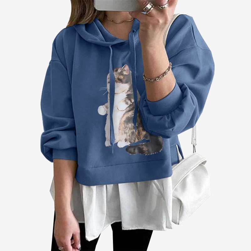 Áo hoodie ZANZEA dáng rộng tay dài màu trơn in hình mèo phong cách đường phố thời trang Hàn Quốc thường ngày cho nữ