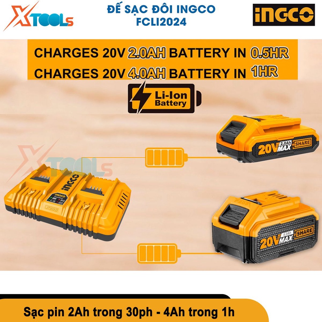 Đế sạc sạc pin đôi siêu nhanh INGCO FCLI2024 điện áp đầu ra 21V, dòng điện sạc 4Ah, sạc pin 2Ah [CHÍNH HÃNG][XTOOLS]
