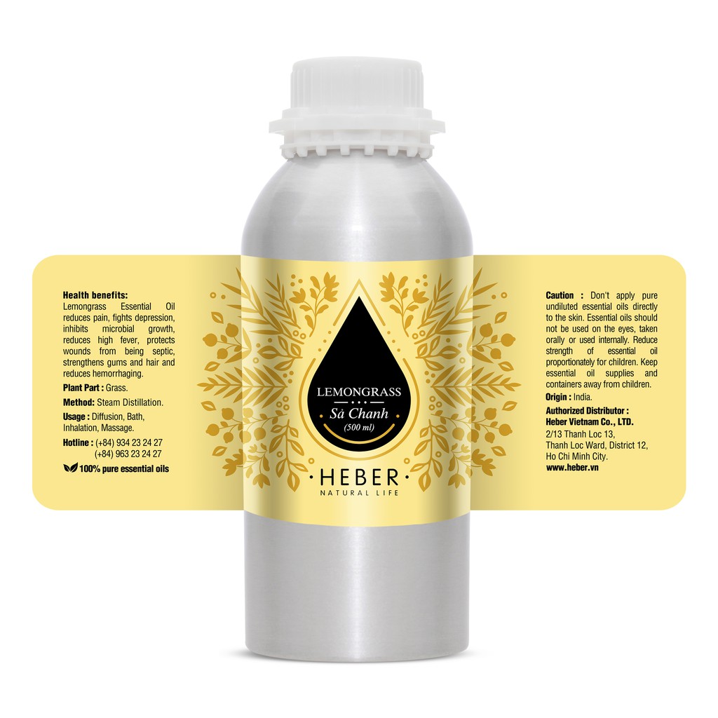 (Chai Lớn 500ml/1000ml)Tinh Dầu Sả Chanh Lemongrass Heber Natural Life, Cao Cấp Nhập Khẩu, Thiên Nhiên Nguyên Chất