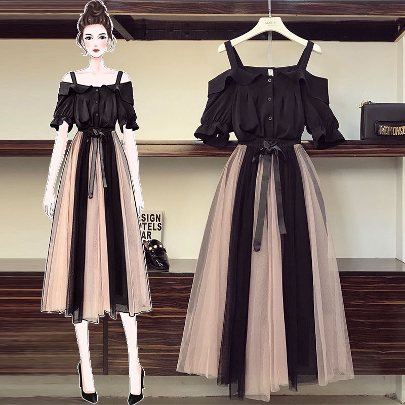 Bộ Đầm Tay Phồng Phối Lưới Plus Size Phong Cách Preppy
