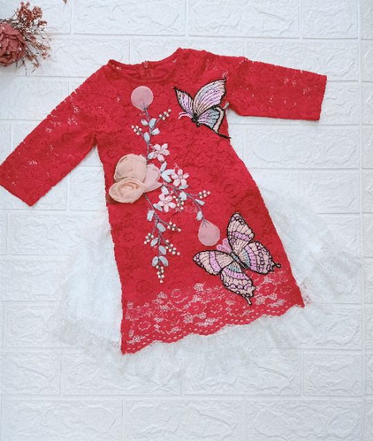 Áo dài kèm váy BG ren mềm cao cấp thêu cánh bướm 1-6y