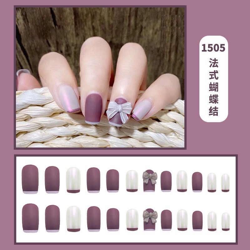 (Hàng Cao Cấp D4) Set 24 móng giả đính nơ màu hot khuôn đẹp