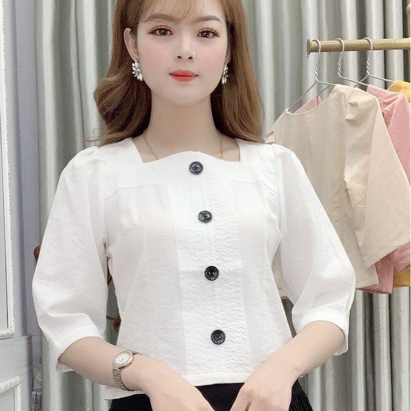 Áo Sơ Mi Nữ Kiểu Công Sở Cổ Chữ U Tay Lỡ Kiểu Hàn Màu Hồng Trắng Be vàng - Hanlly Fashion Thời Trang Nữ - AM26