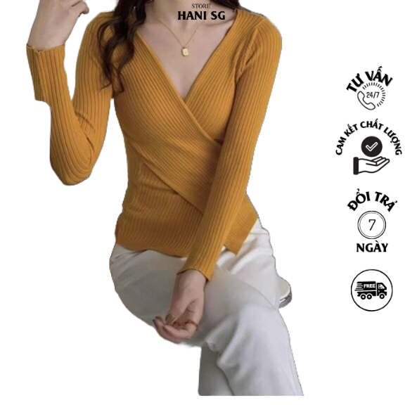 Áo Thun Gân Tay Dài Cổ Chữ V Dáng Ôm Kiểu Xẻ Tà ,ÁO CROPTOP TAY DAi XẼ NGỰC SÂU SÊU GỢi CẢM HANv