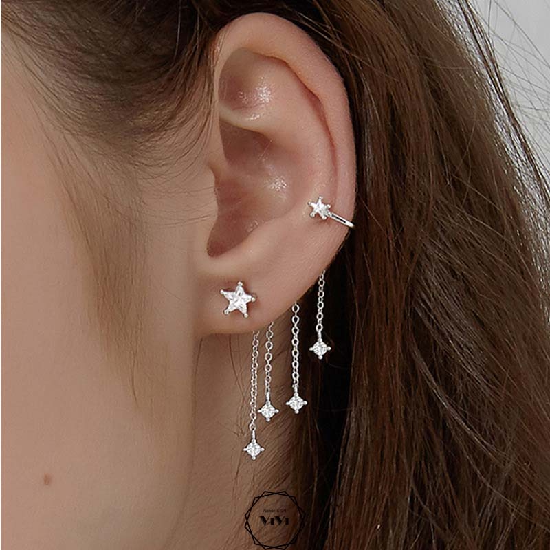 Bông tai bạc Ý tua rua bất đối xứng Tastar – khuyên tai ViVi_Gift