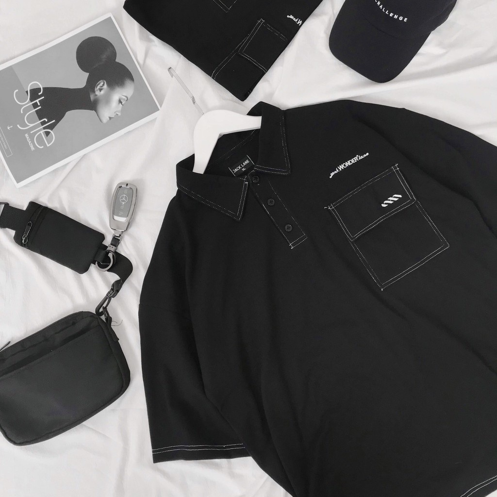 Áo thun Polo tay lỡ Wonder form rộng chất vải gai thoáng mát, Áo Polo Unisex Nam Nữ