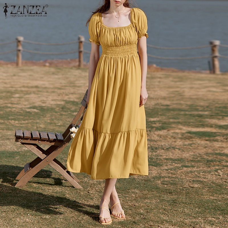 Đầm Zanzea cổ vuông tay phồng xếp nếp màu trơn thiết kế quý tộc cổ điển cho nữ