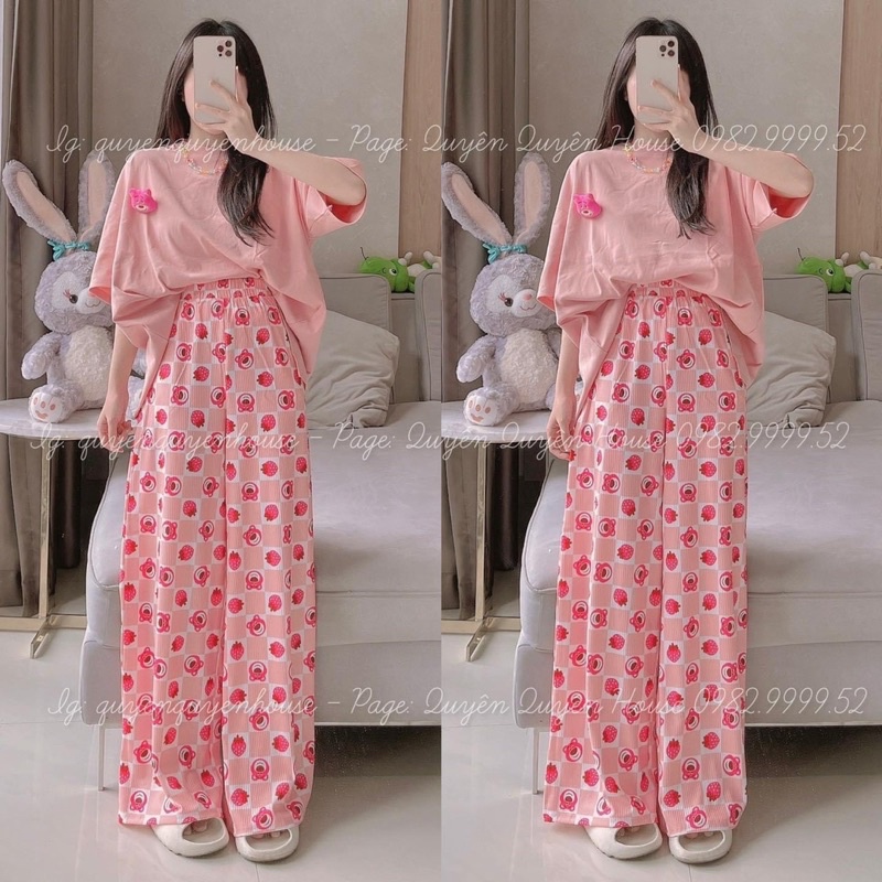 Set áo hồng gấu đính quần suông gân gấu lotso