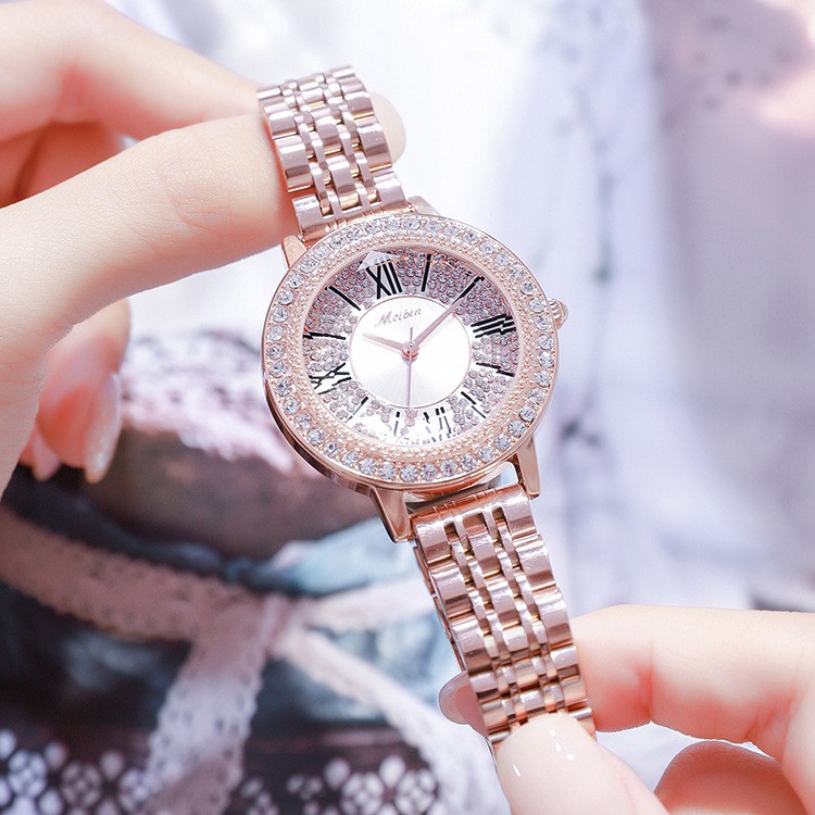 Đồng hồ nữ chính hãng, đồng hồ nữ dây kim loại MEIBIN đính đá cao cấp, cực sang, mặt tròn, không thấm nước