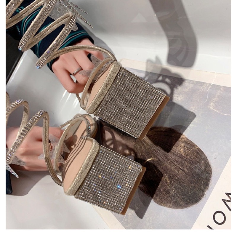 Sandal quấn lò xo ulzzang đính đá mũi vuông cao 6cm