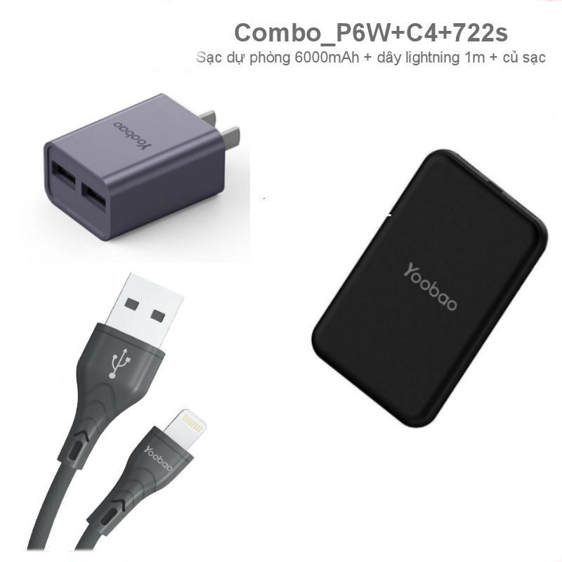 Combo sạc dự phòng 6000mAh và củ sạc 2 cổng USB, dây sạc lightning 1m YOOBAO - CBO P6W C4 722s