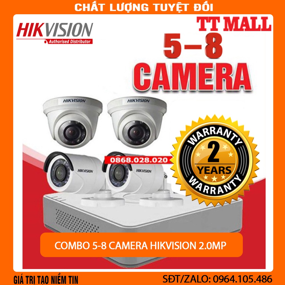 [SIÊU RẺ] Bộ 5--8 mắt camera Hikvision 2.0MP đầy đủ phụ kiện lắp đặt + HDD lưu trữ + Dây cáp tín hiệu