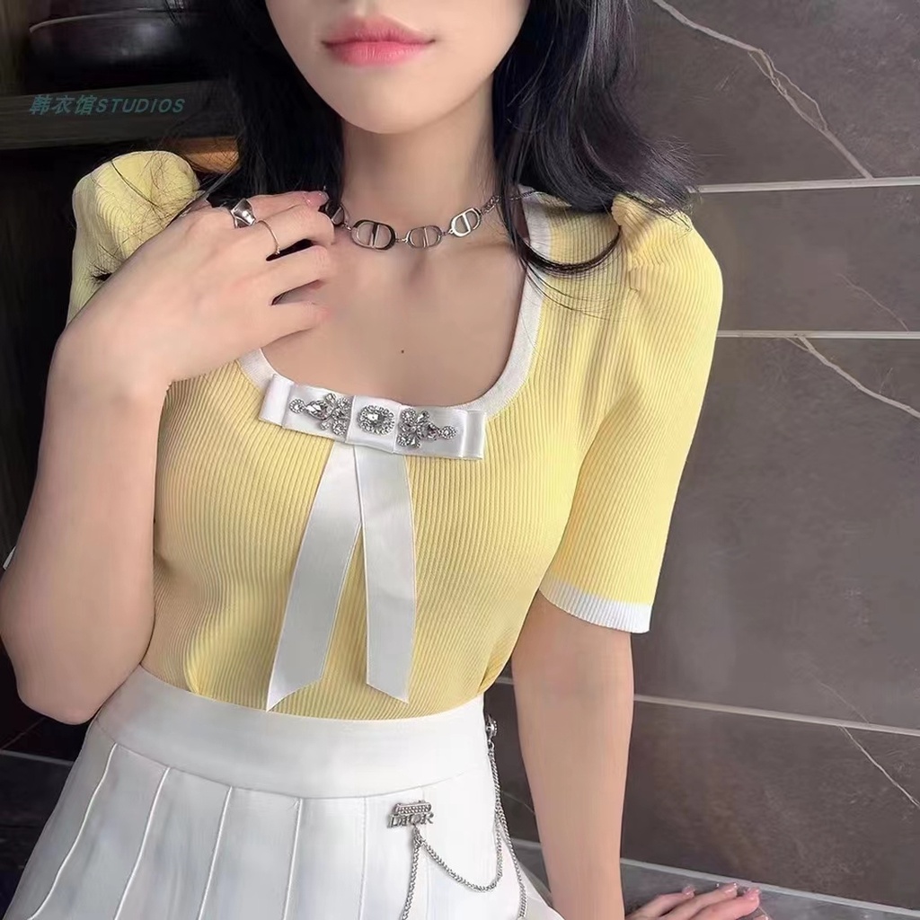 【ZHELIHANGFEI】Áo Thun Dệt Kim Tay Ngắn Phồng Đính Nơ Đính Đá Dễ Thương