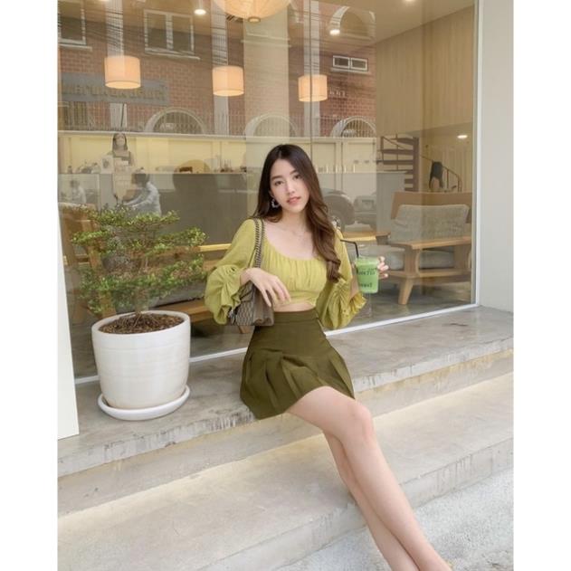 Set áo croptop cup ngực tay khúc xanh phồng kèm chân váy xếp ly