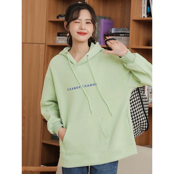Áo Hoodie Nỉ Bông Tay Dài Unisex Chữ Xanh Đậu