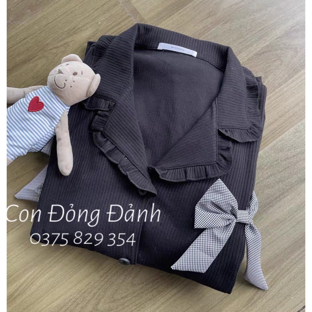 ĐỒ NGỦ NỮ dài tay GẤU ĐÁNG YÊU thắt nơ bèo nhún phong cách Hàn Quốc 2021 DN017 (Chất thun cotton mềm) | BigBuy360 - bigbuy360.vn