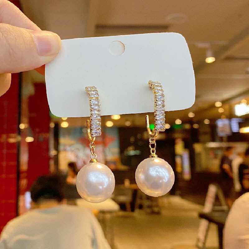 Bông tai mạ bạc 925 hình học đính kim cương và ngọc trai xinh xắn