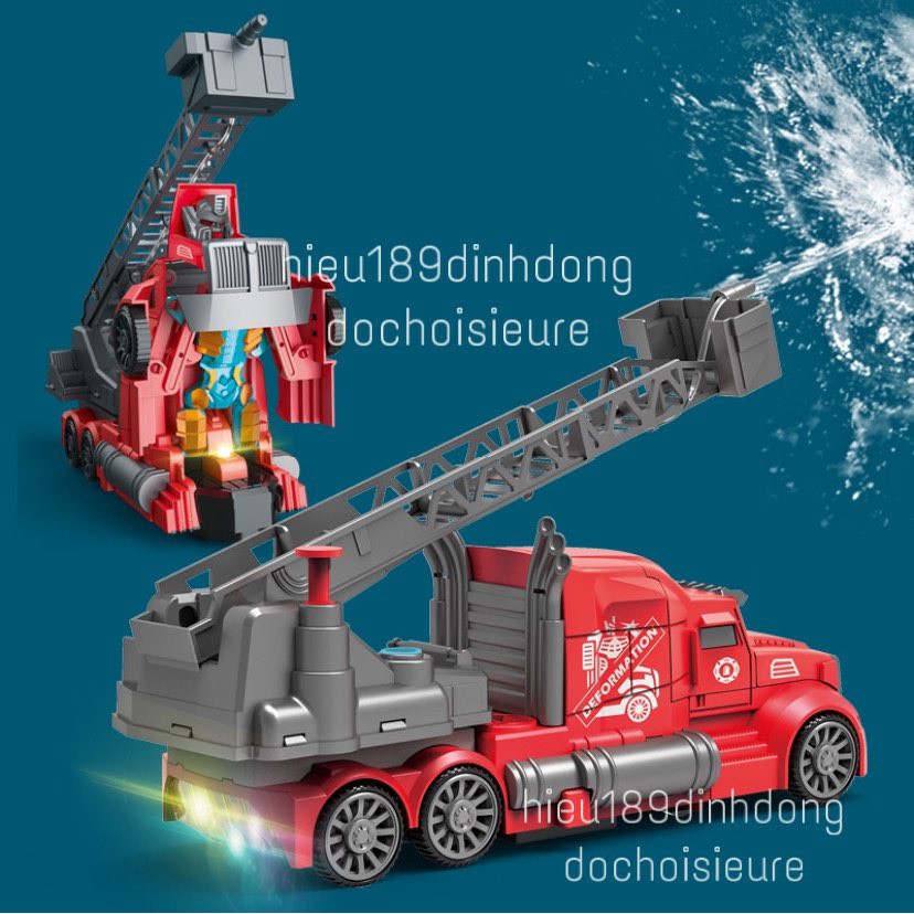 Đồ chơi xe cứu hỏa biến hình robot có nhạc có đèn và phun nước tặng kèm pin
