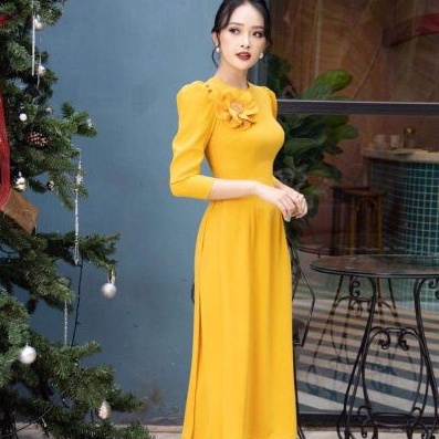 Áo dài đính hoa thủ công may sẵn áo truyền thống tay bồng lỡ lụa Tây Thi đẹp