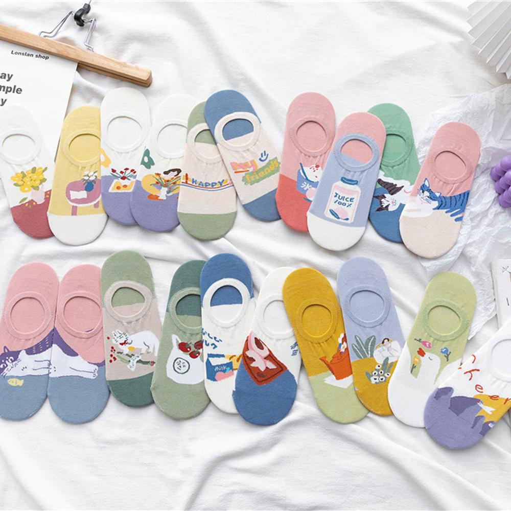 Vớ Thuyền Co Giãn Thoáng Khí Chống Trượt In Hình Mèo Dễ Thương Dành Cho Nữ