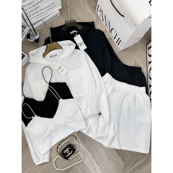 [ 𝐅𝐑𝐄𝐄 𝐒𝐇𝐈𝐏 ] SÉT 3 MÓN GỒM ÁO KHÓA DÂY KÉO TÚI NẮP BO EO QUẦN SHORTLƯNG THUN