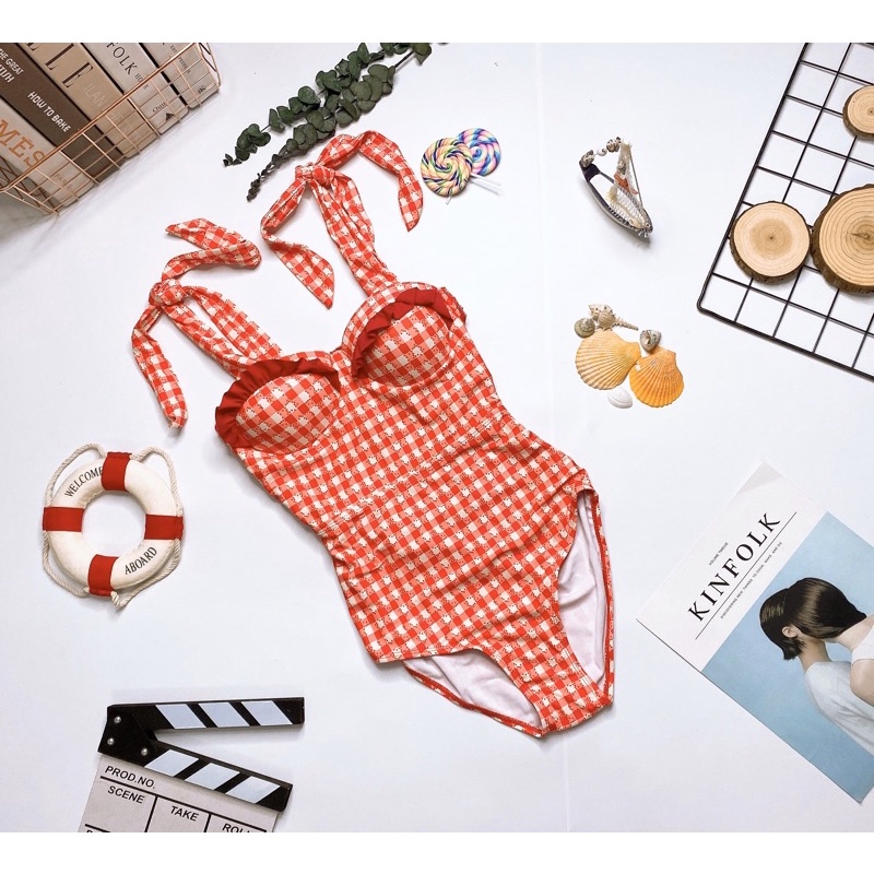 Bikini liền mảnh Monokini caro đỏ xinh xắn cho bạn gái
