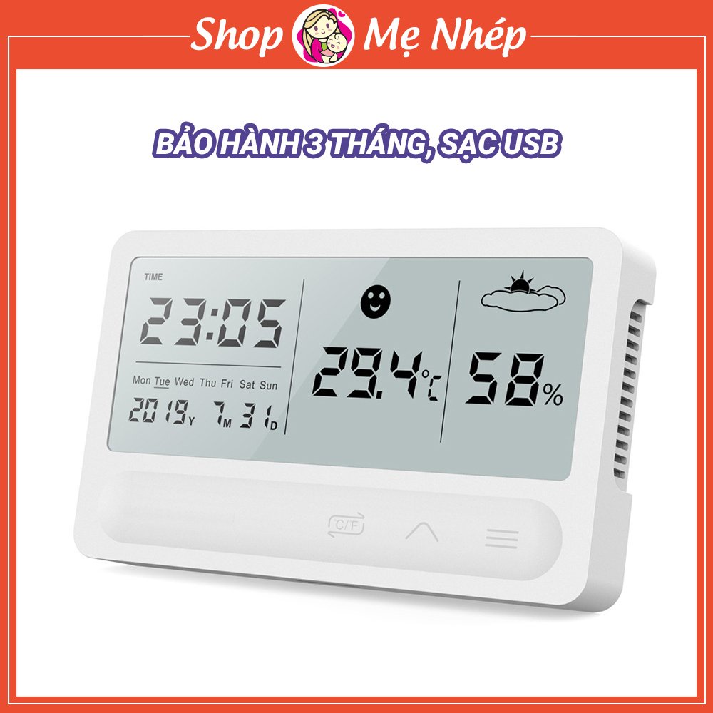 Nhiệt kế phòng cho bé, nhiệt ẩm kế điện tử cao cấp 5 trong 1 dùng nút cảm ứng rất hiện đại bảo hành 3 tháng